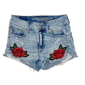 American Eagle Super Stretch Hi-Rise Shortie Size 00 Embroidered Rose Distressed